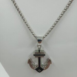 Silver tone and Black Enamel Anchor pendant with box link chain